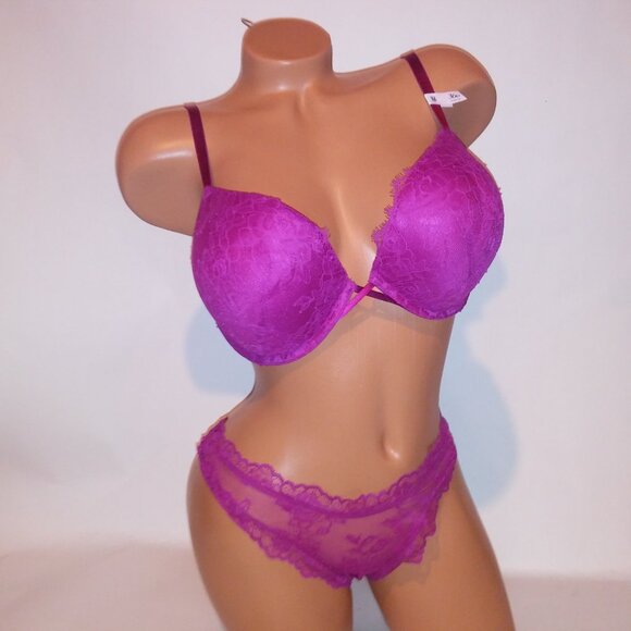 Victoria’s Secret Bombshell Push Up Bra Set 36D Fuchsia Lace Very Sexy NWT - Picture 3 of 13